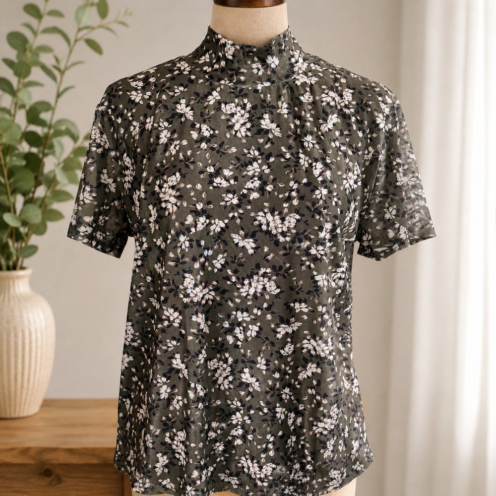 Mia Joy Top Women XL Olive Floral Mock Neck Semi Sheer Layering NWT Y2K Vibe
